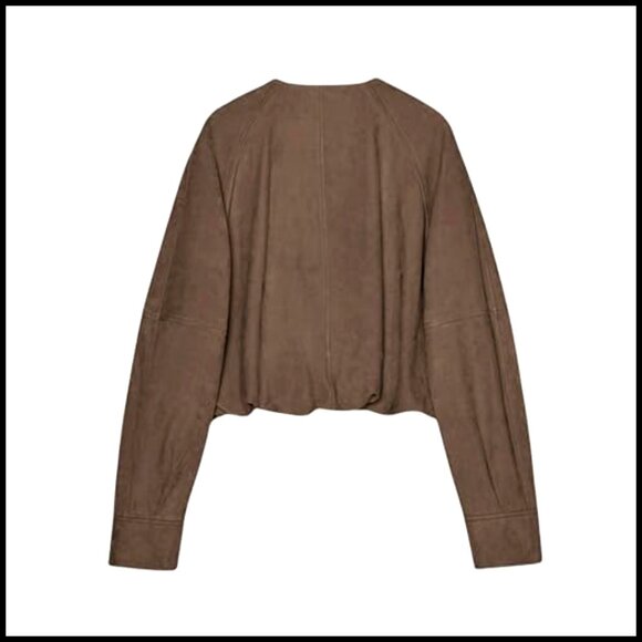 Oversized Faux Suede Bomber Jacket Gathered Hem Short Length Button Closure - Picture 2 of 7